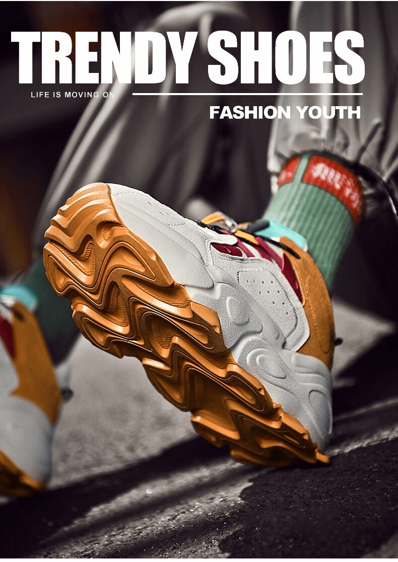 Trendy waterproof thick bottom running shoes with orange soles, perfect for outdoor activities and styled for fashion youth.